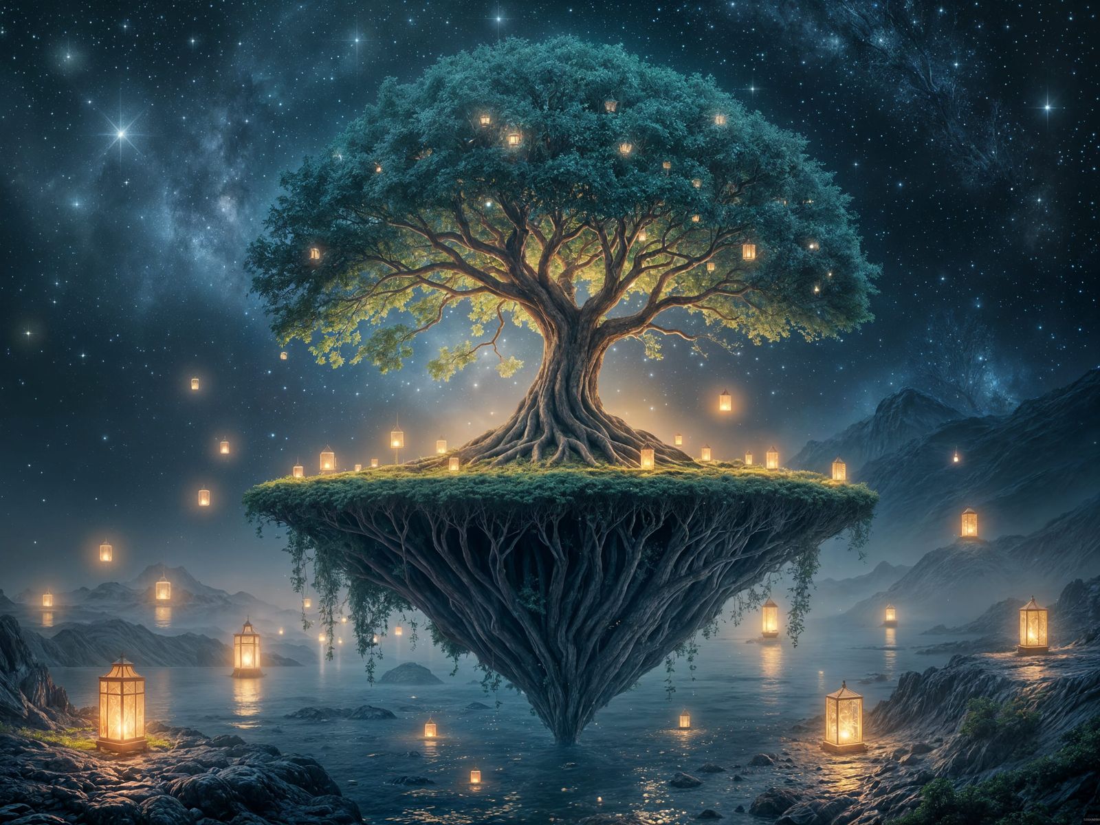 Glowing Tree on Floating Island: Surreal Landscape