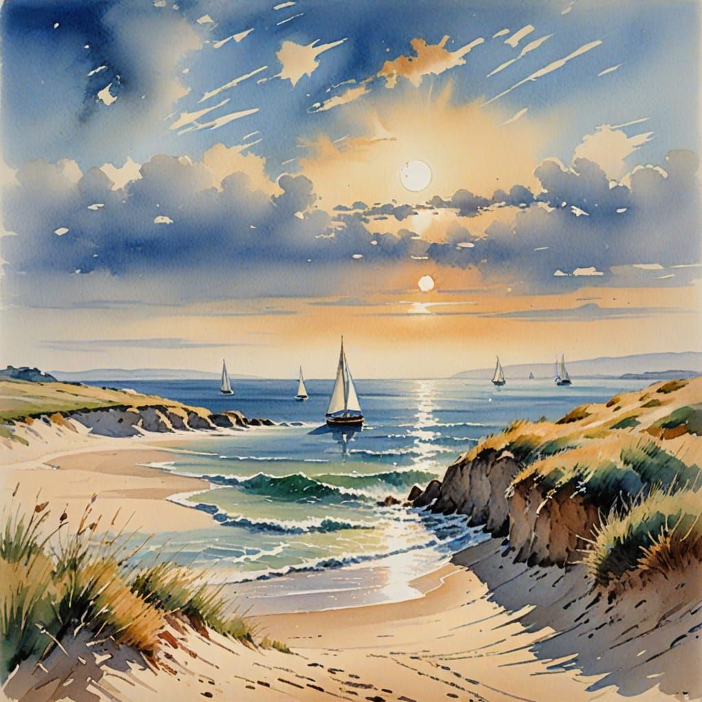 Coastal Dunes and Sailboats in Watercolor Style