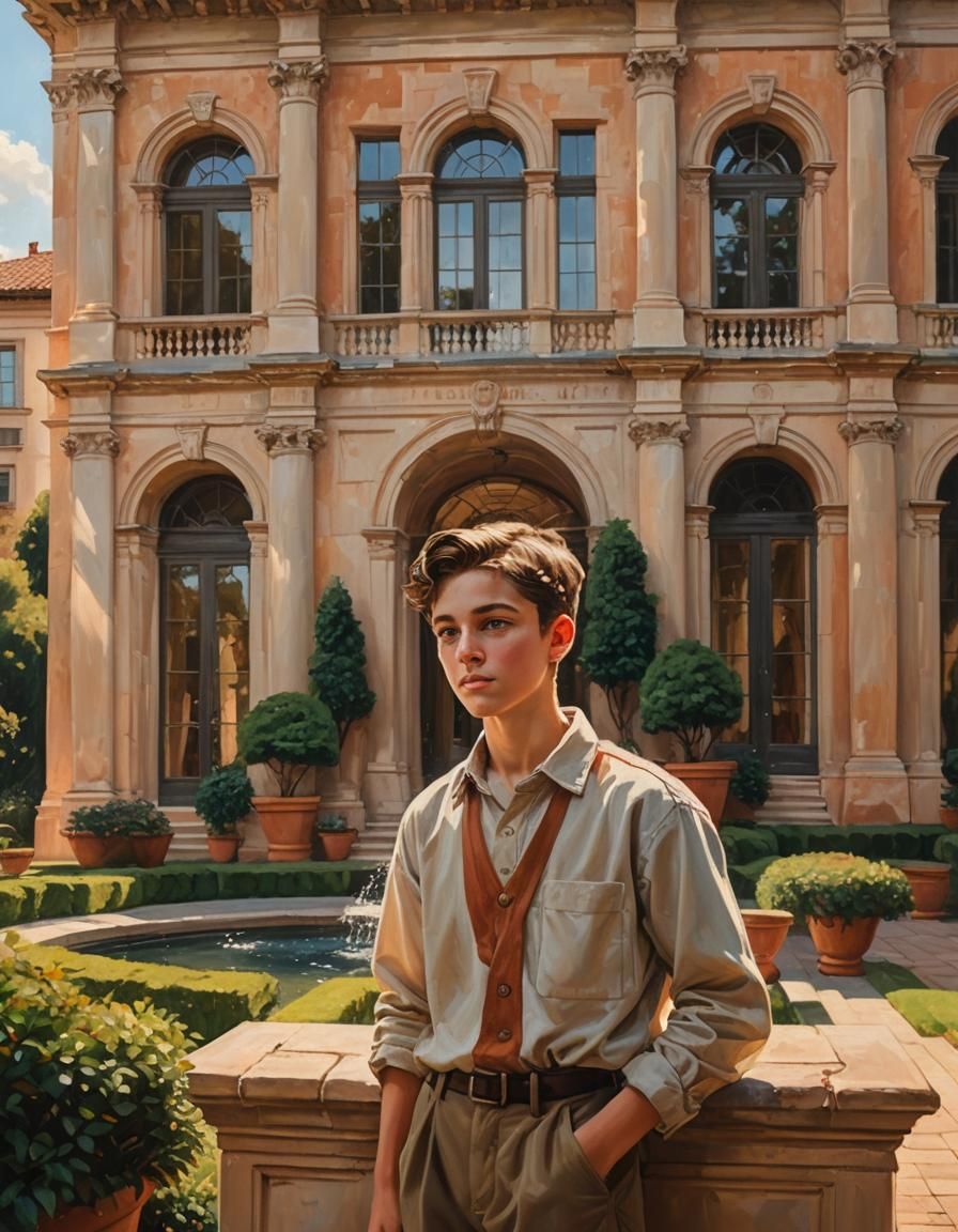 Boy at Stone Mansion: Neoclassical Oil Painting