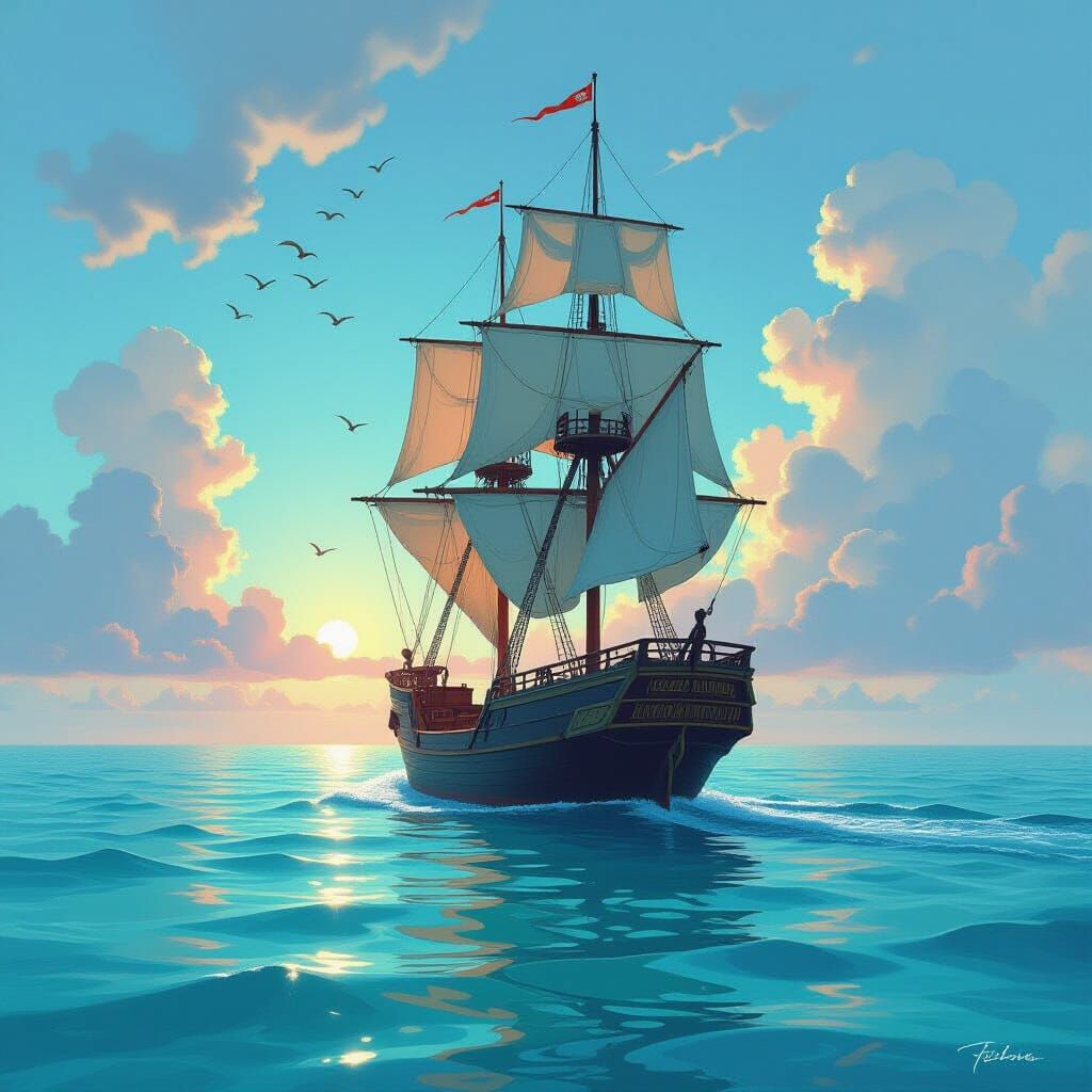 Majestic Ship Sails Turquoise Waters in Dreamy Style