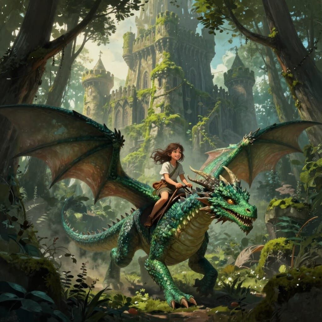 Girl Rides Emerald Dragon Past Castle in Sun-Dappled Forest