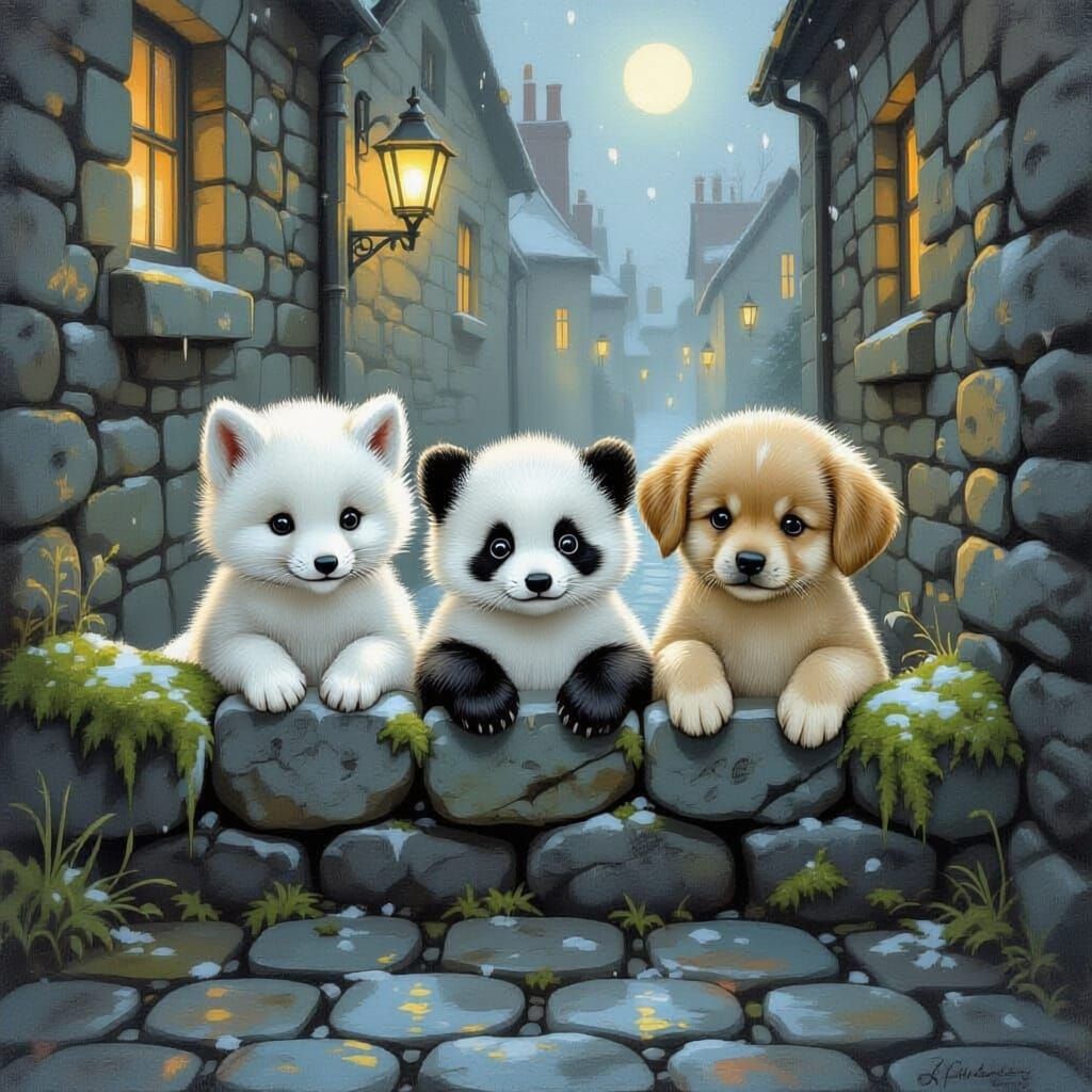 Cute Animal Cubs Emerge from Alleyway in Vintage Storybook S...