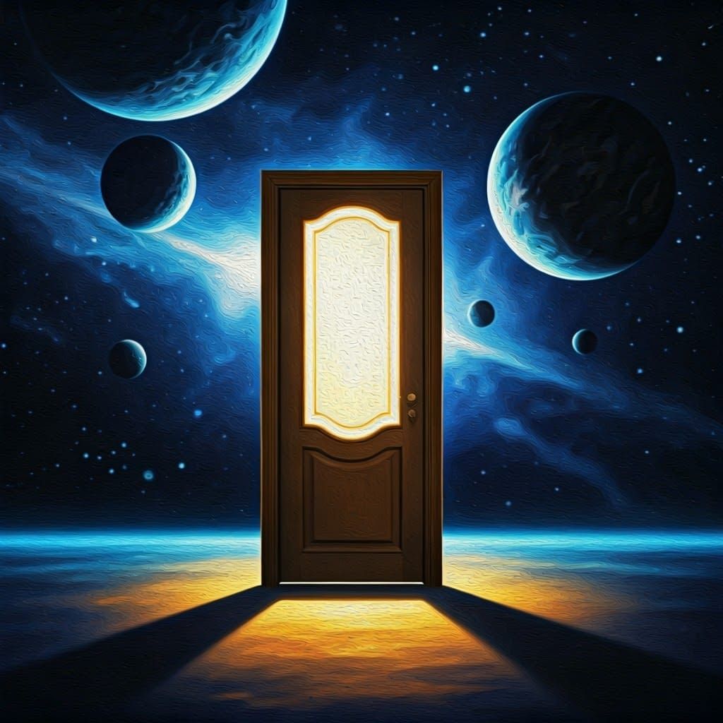 Glowing Door in Space: An Oil Painting