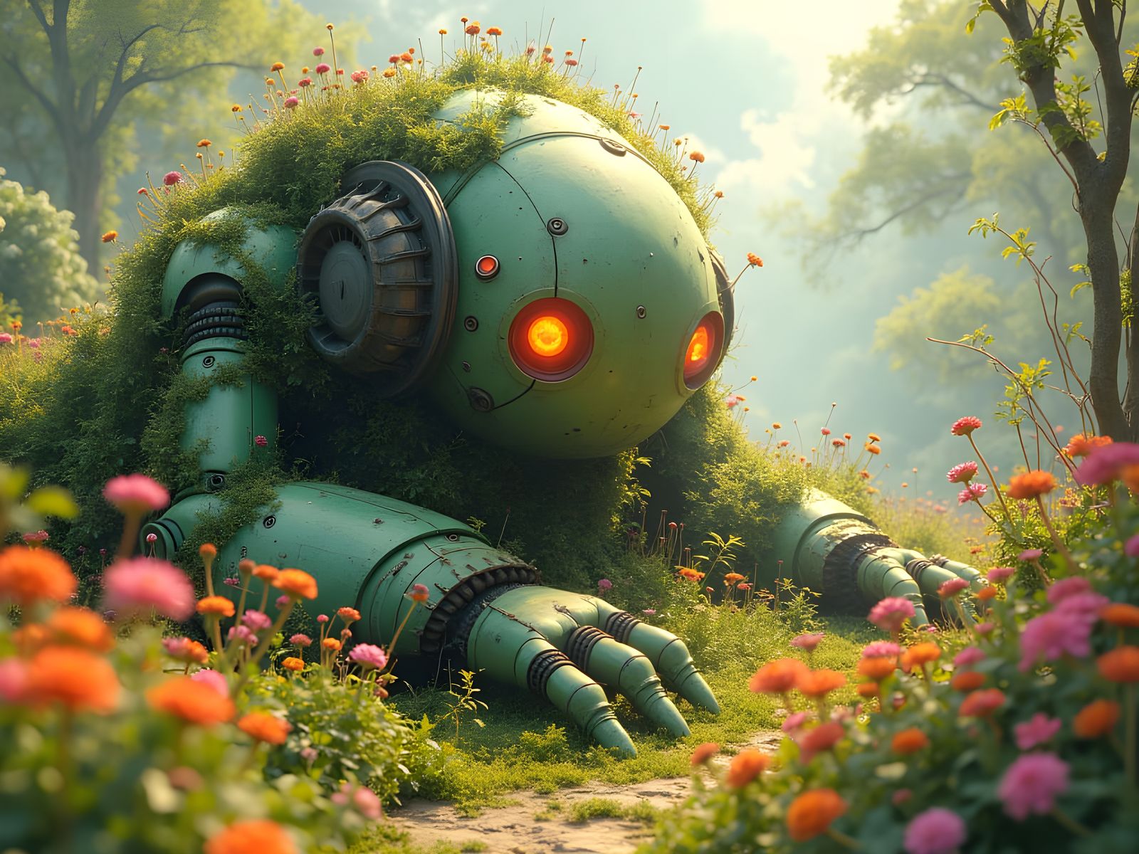 Robot Garden Blooms in Ghibli-Inspired Landscape