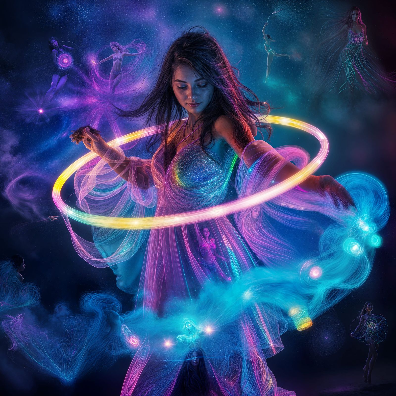 Psychedelic Hula Hoop Dancer in Cosmic Scene