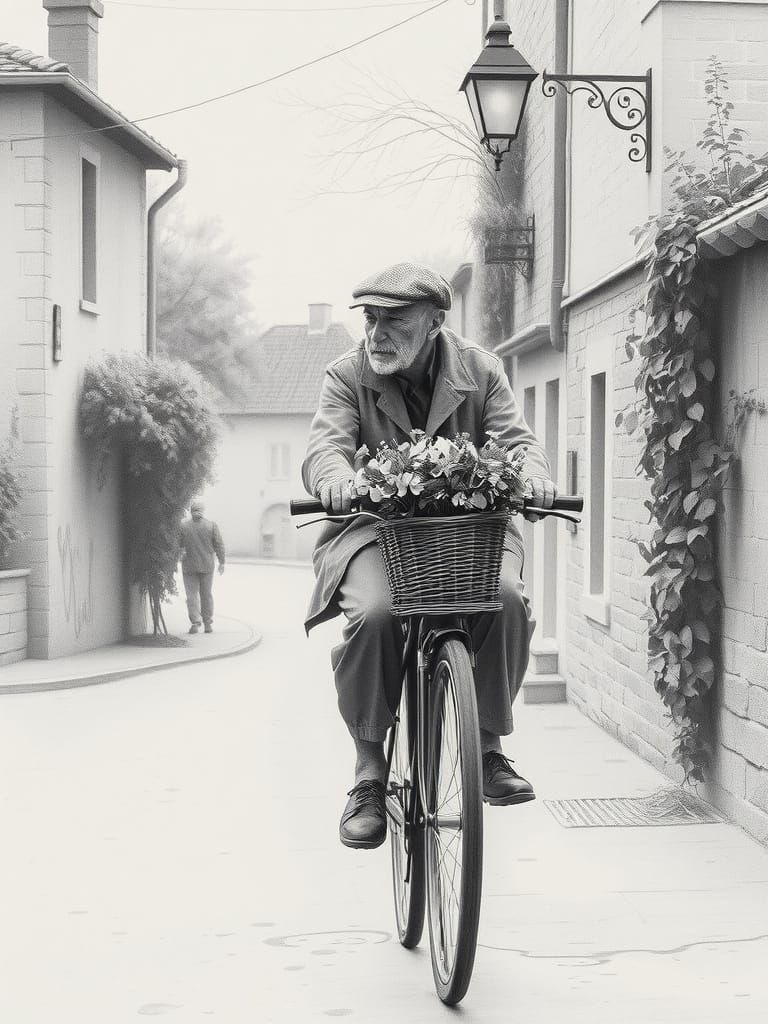 Elderly Man on Bicycle in Dreamy Charcoal Drawing