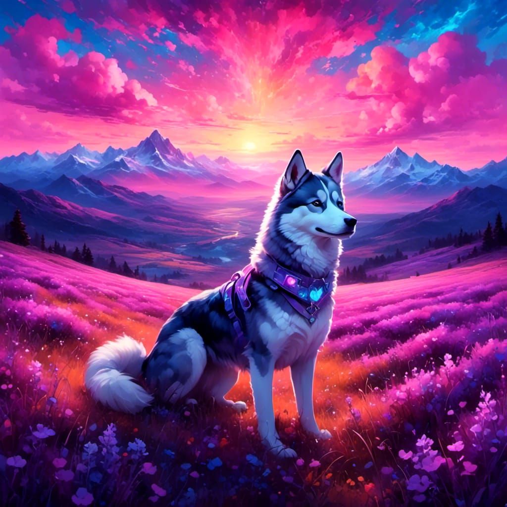 Husky in Neon Lavender Field Digital Art
