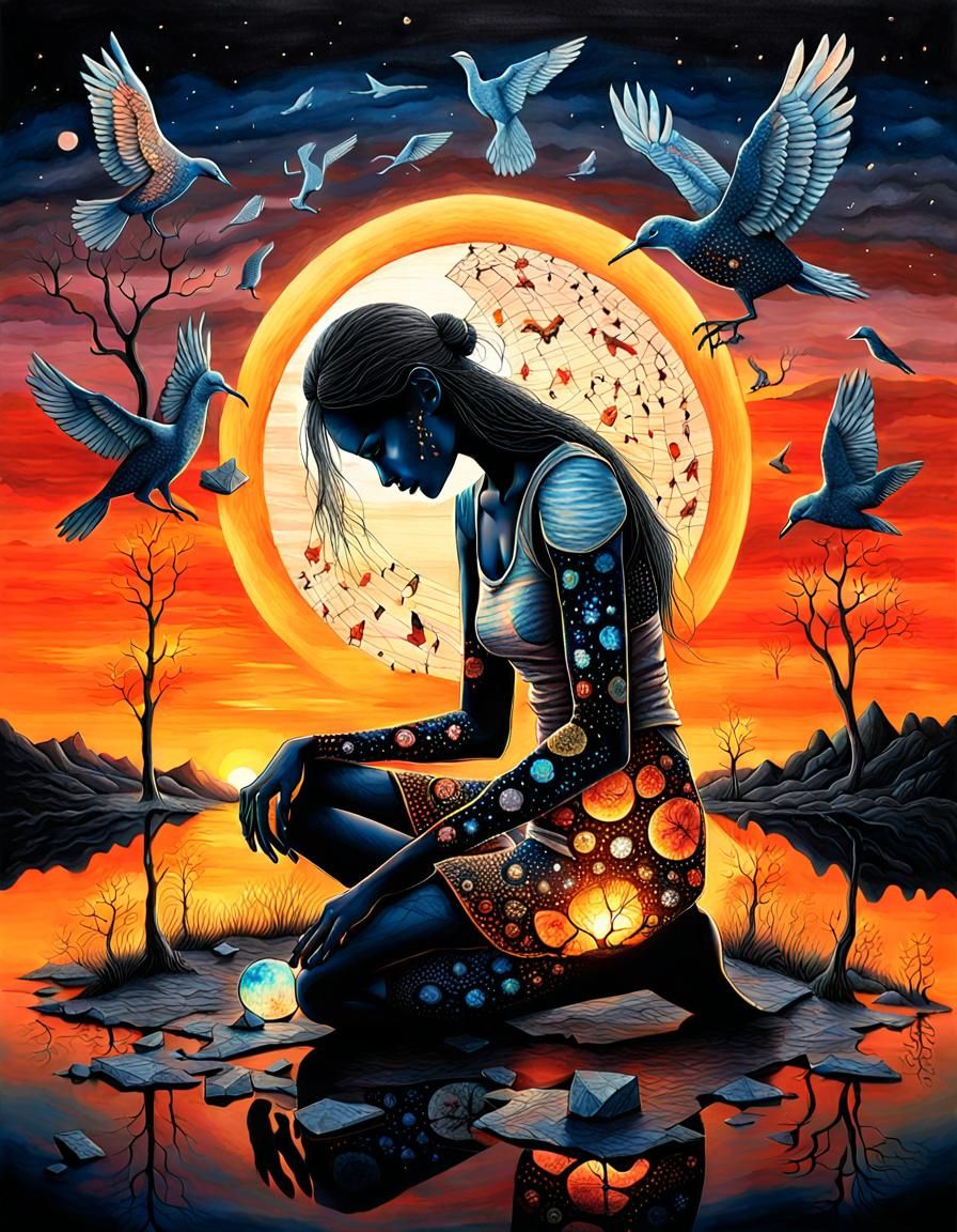 Surreal Drawing of Figure Picking Up Cracked Mirrors