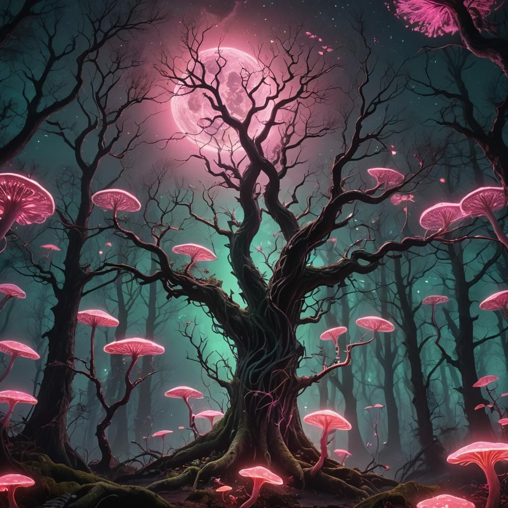 Glowing Tree in a Neon Mushroom Forest