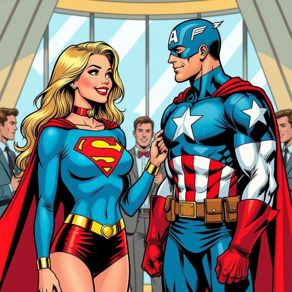 Supergirl and Captain America Flirting, in Comic Book Style