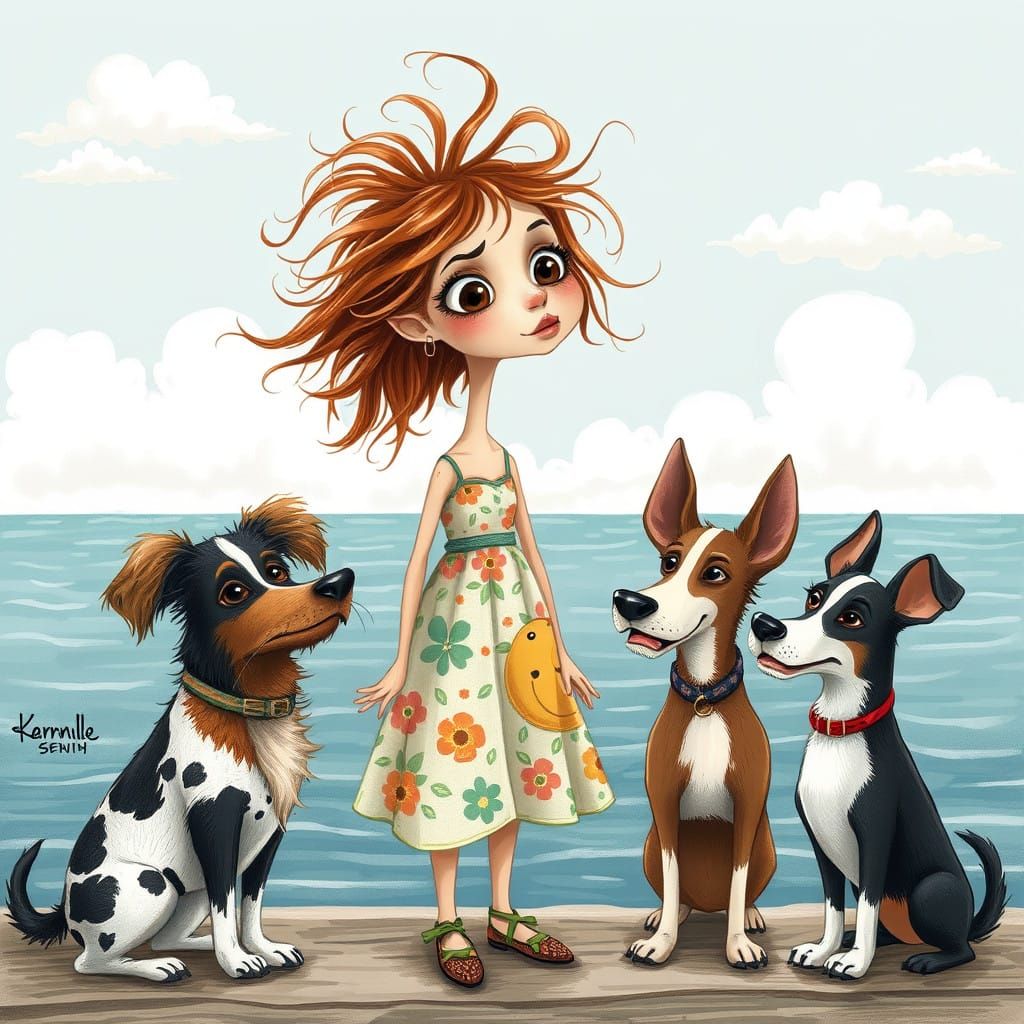 Whimsical Waterfront Encounter in Vibrant Colors