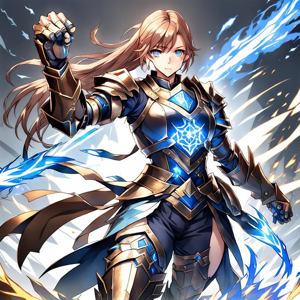 Armored Woman with Blue Fire in Anime Style