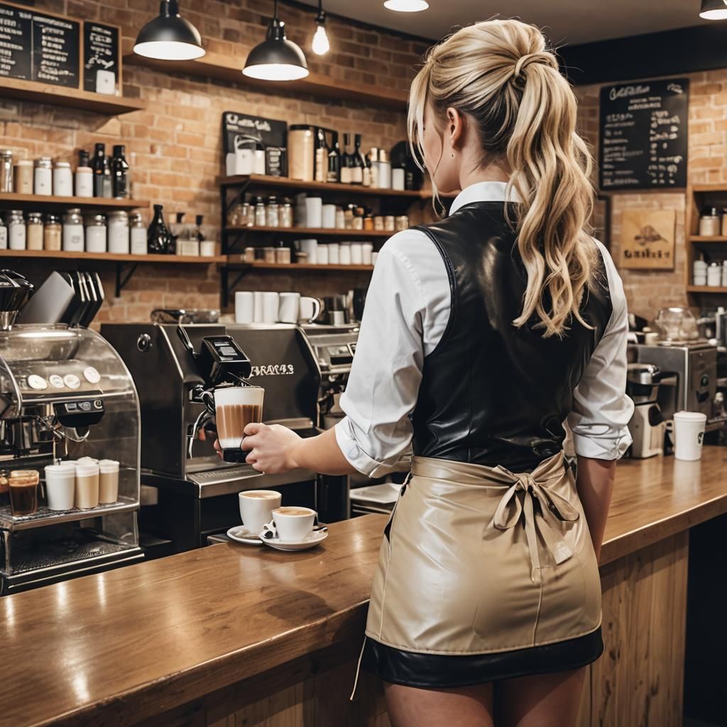 Blond Barista in Latex Outfit