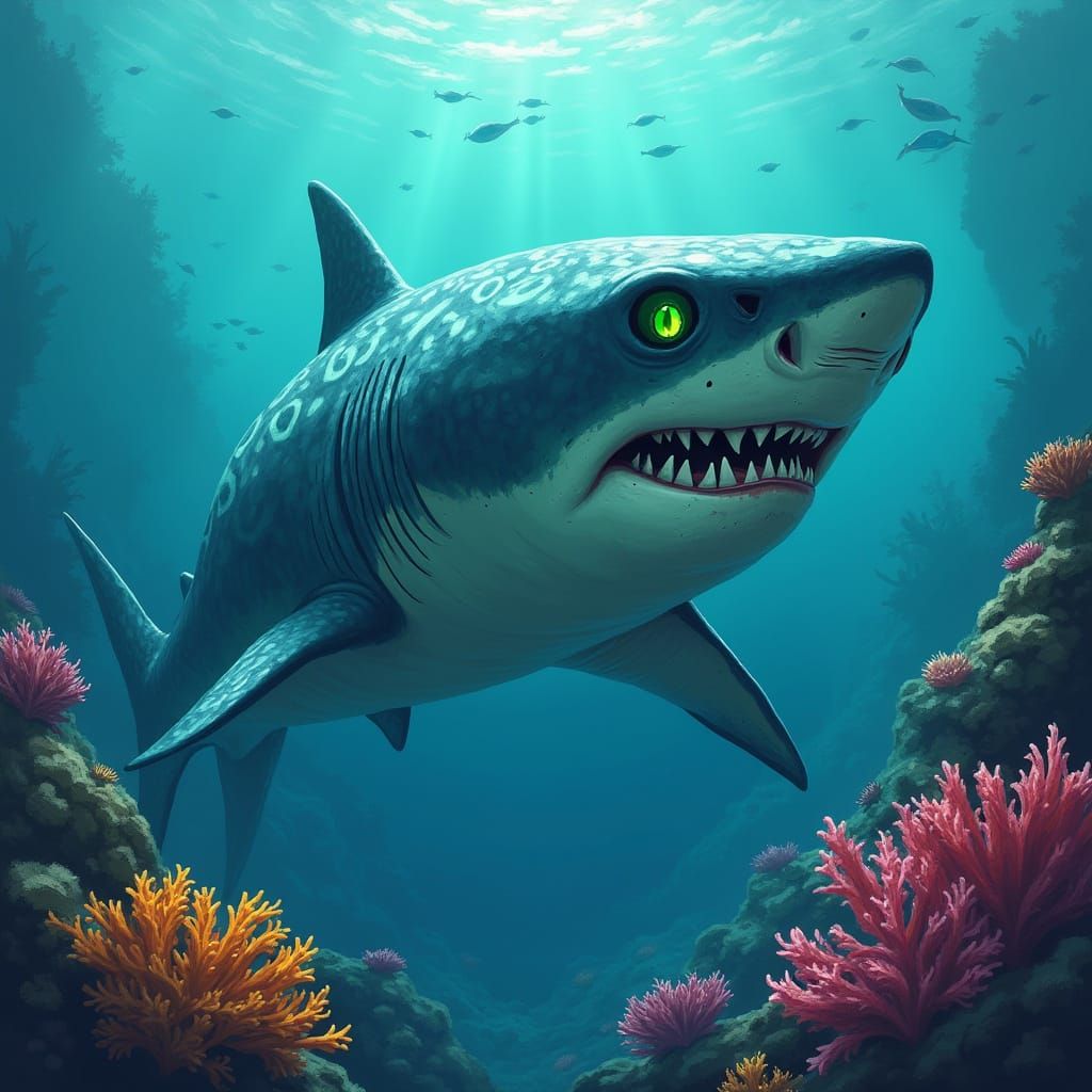 Jaguar Shark Hybrid Swimming Near Coral Reef