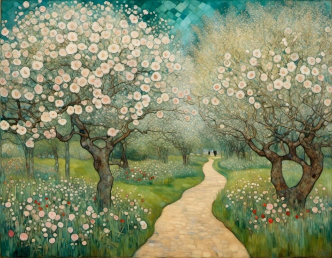 Apple Blossom Garden in Art Nouveau Style