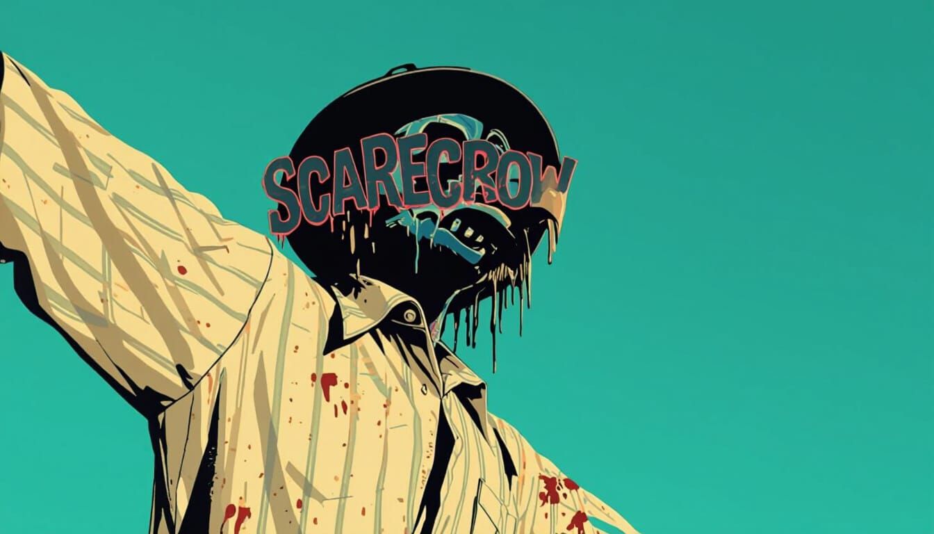 80s Horror Poster: Menacing Scarecrow with Axe in Cornfield