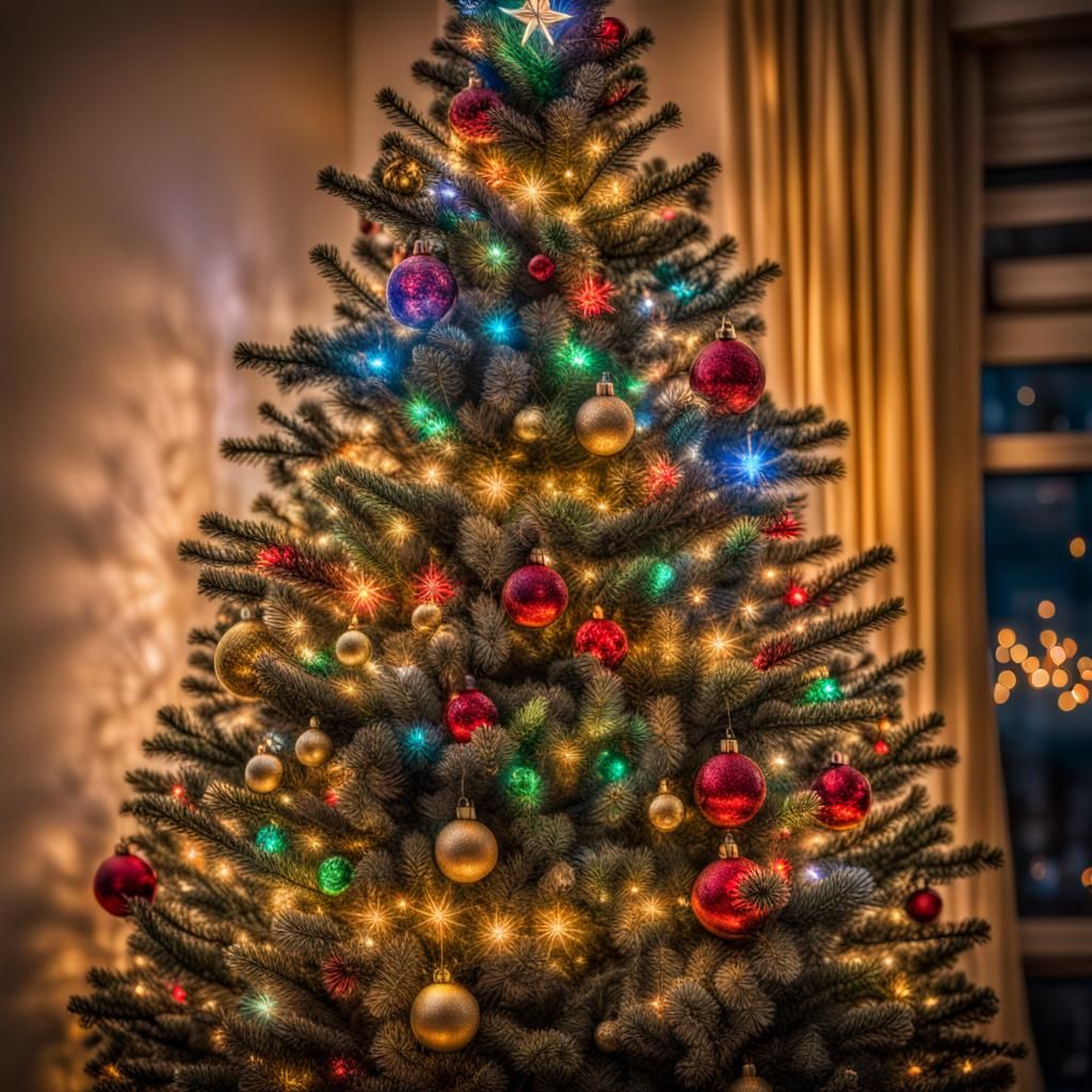 Festive Christmas Tree with Colorful Lights, HDR Photography