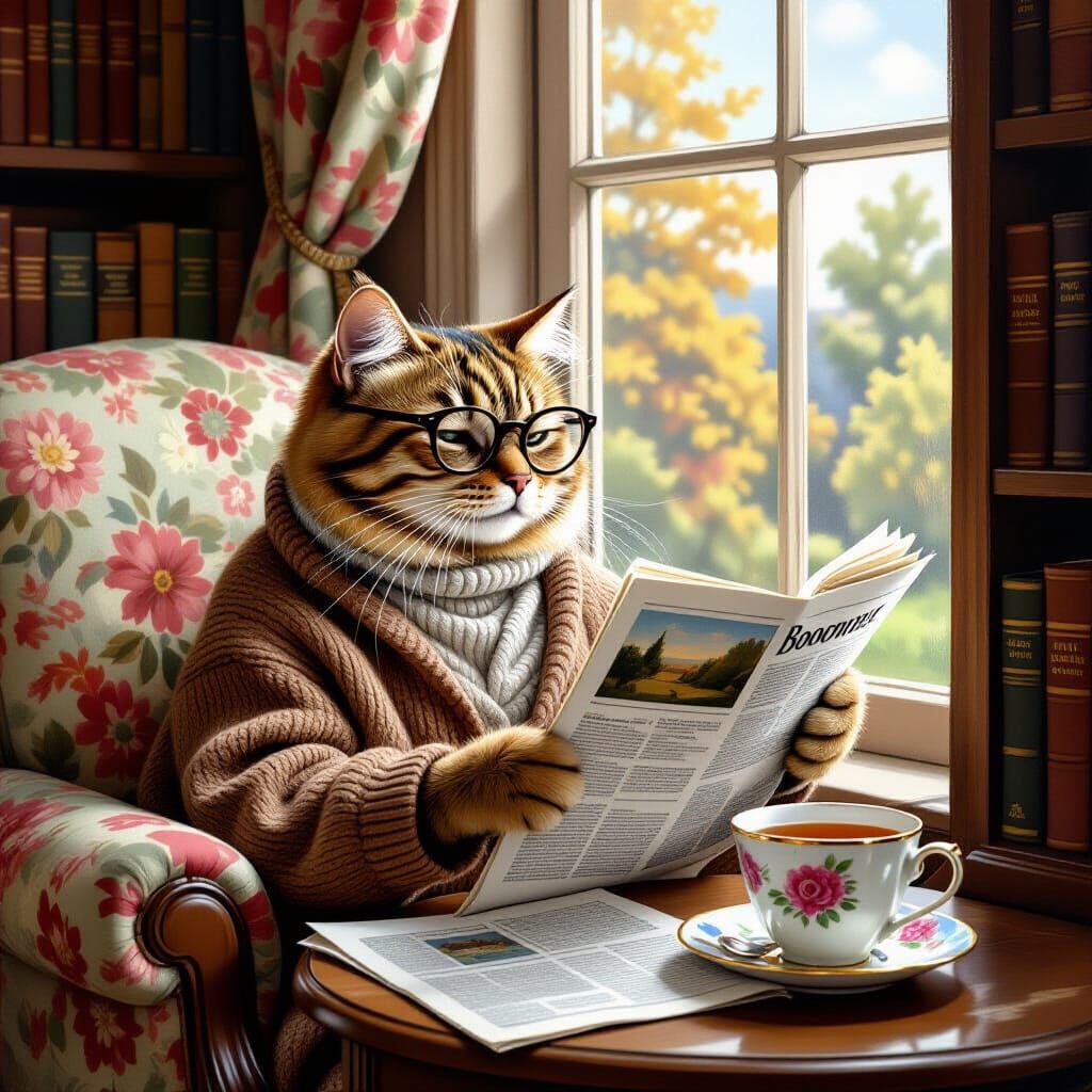 Boomer Cat Reading Newspaper in Cozy Vintage Room