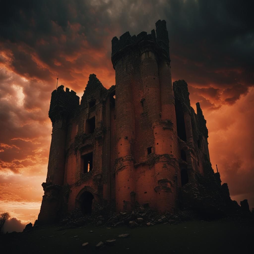Majestic Castle Ruins at Fiery Sunset
