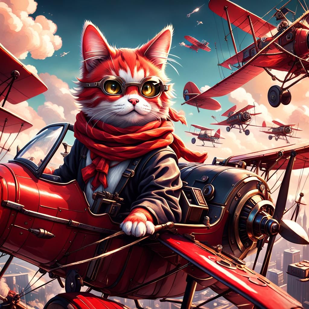 Nekomimi Pilot Flying a Red Biplane