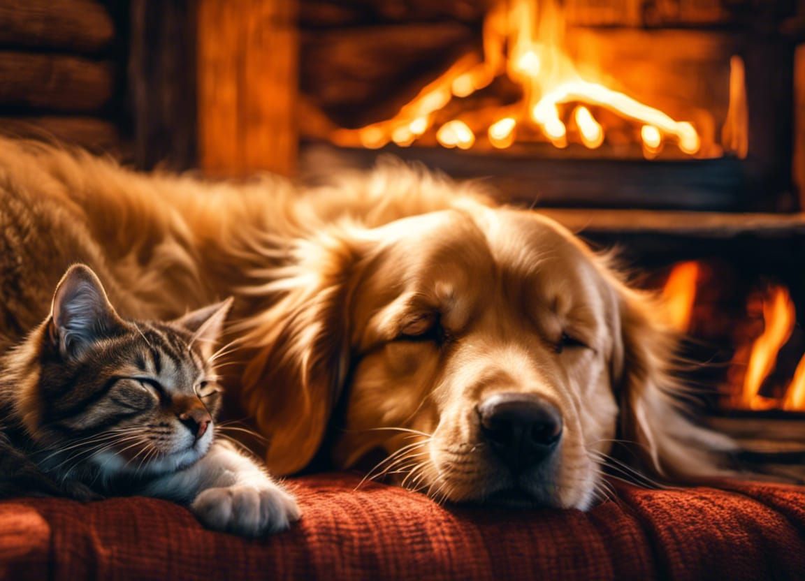 Golden Retriever and Kitten: Cozy Cabin Nap