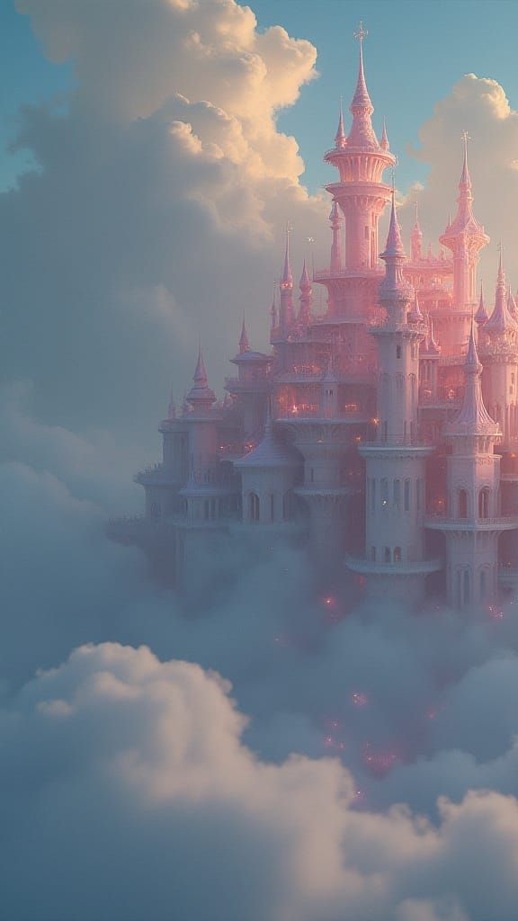 Surreal Palace Floats Amidst Dreamy Clouds in Vibrant Irides...
