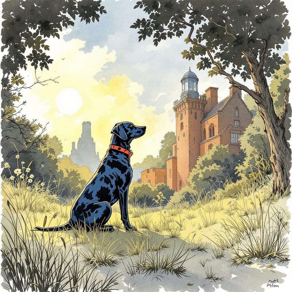 Dog in Sun with Moebius & Pratt Style Blueprint Aesthetics