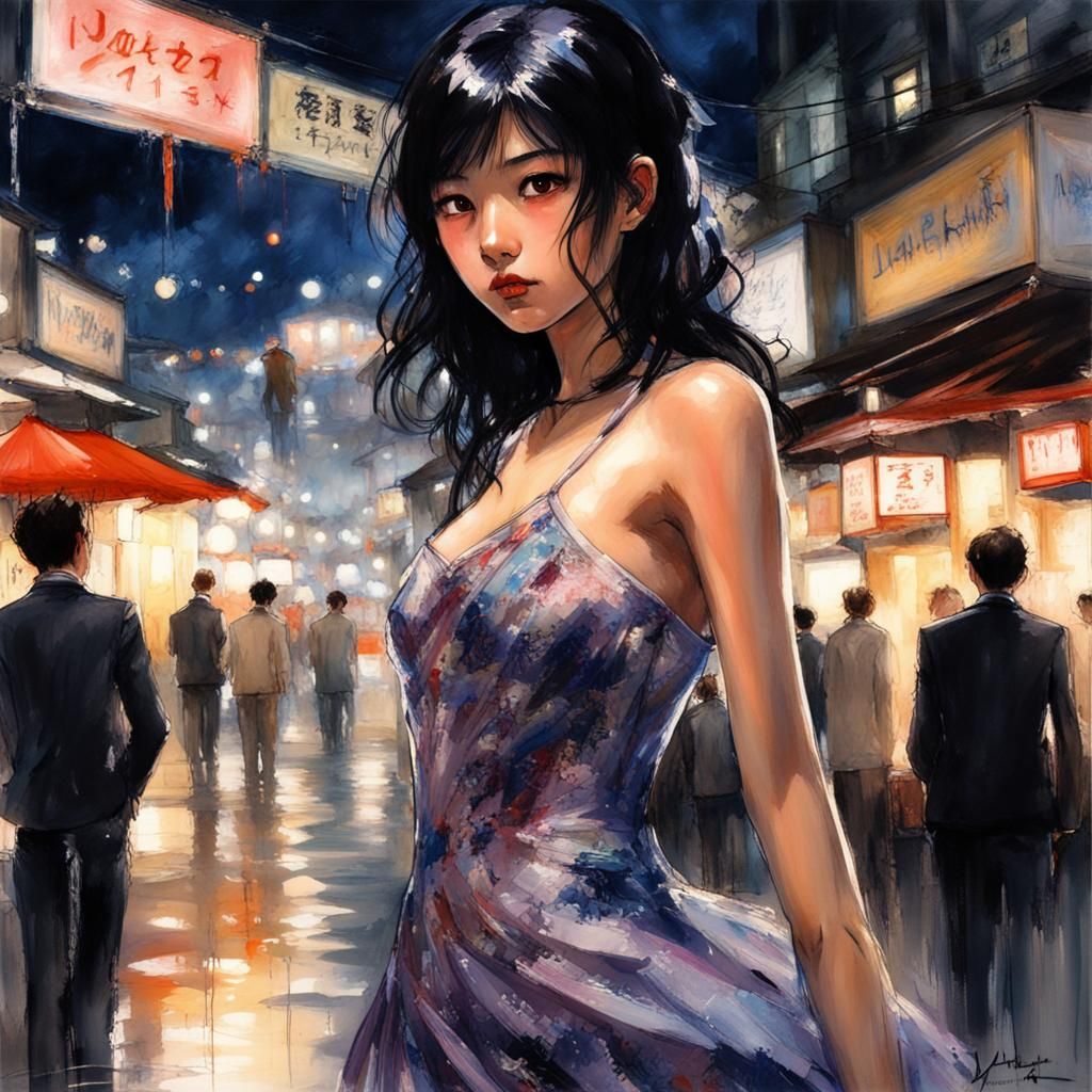 Beautiful Girl Portrait at Night in Splash Art Style
