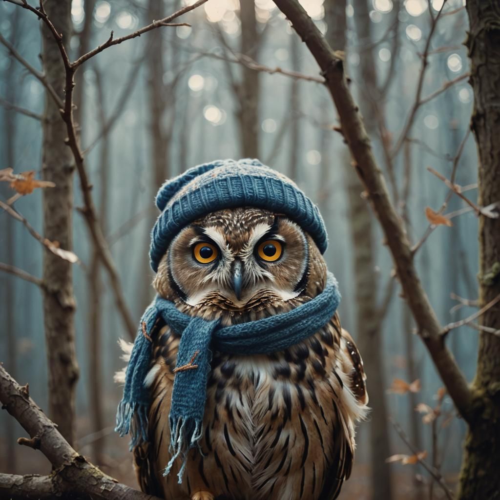 Owl in Beanie: Cinematic Wildlife Portrait