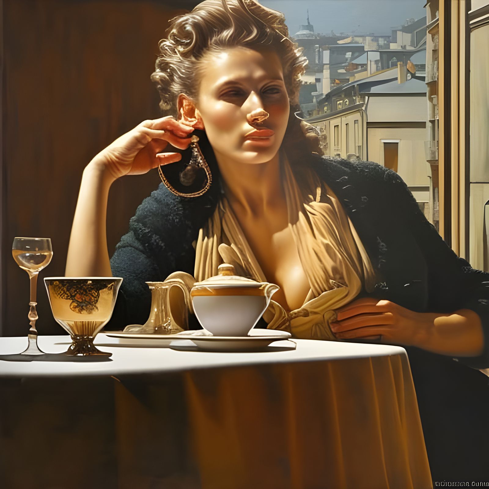 Beautiful Woman Enjoying Tea in Cafe: Photorealistic Portrai...