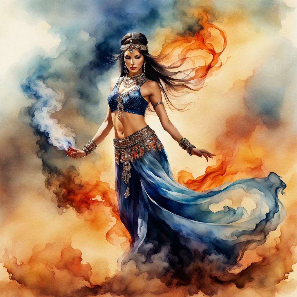 Ethereal Bellydancer Made of Smoke in Watercolor
