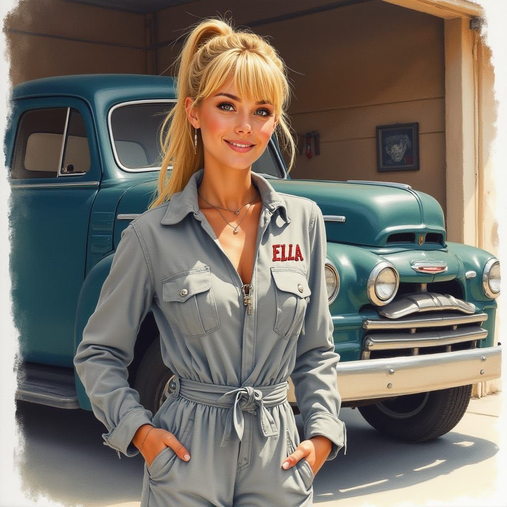 Woman in Jumpsuit with Pickup Truck, Impressionist Watercolo...