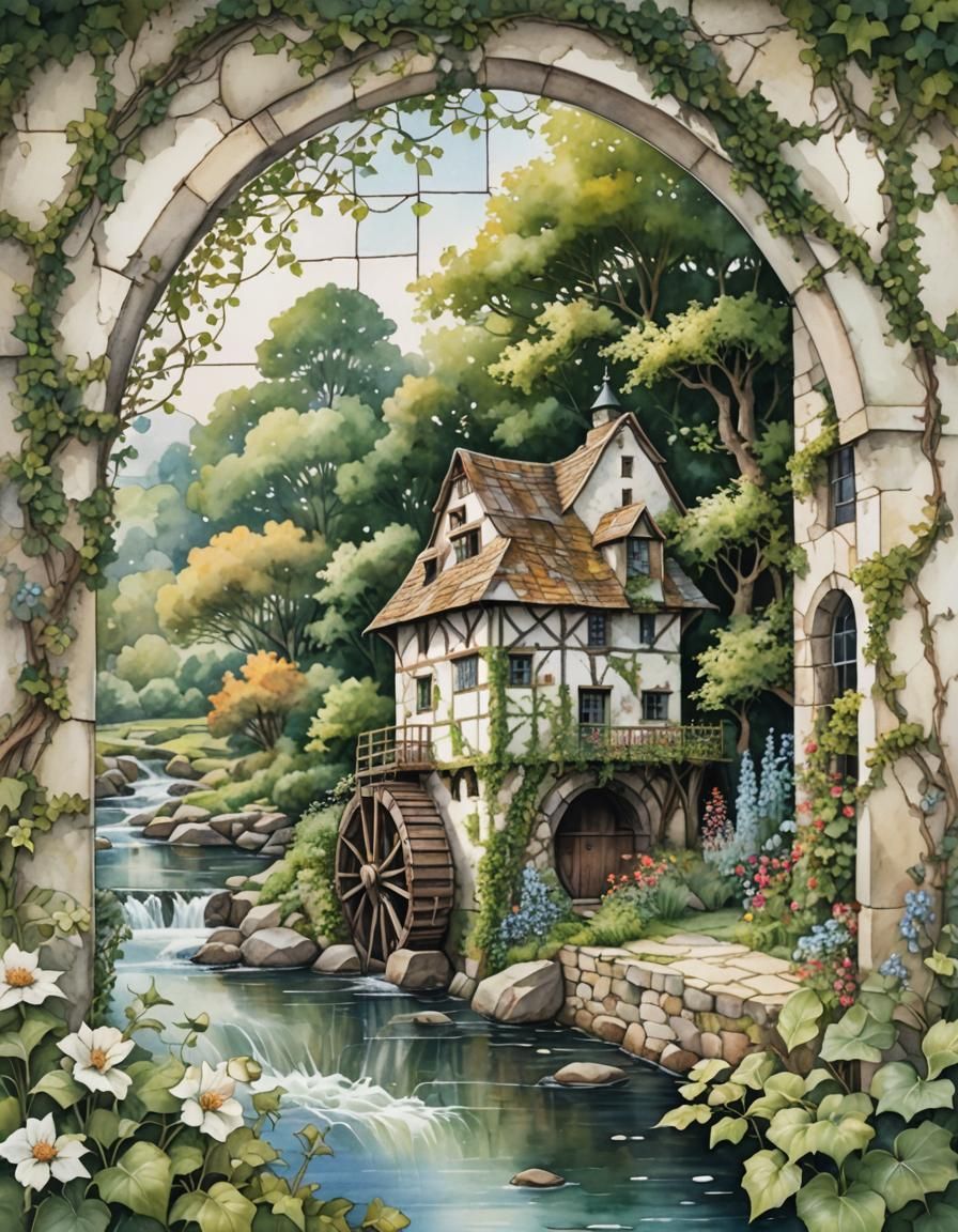 Whimsical Medieval Windmill Watercolor Painting