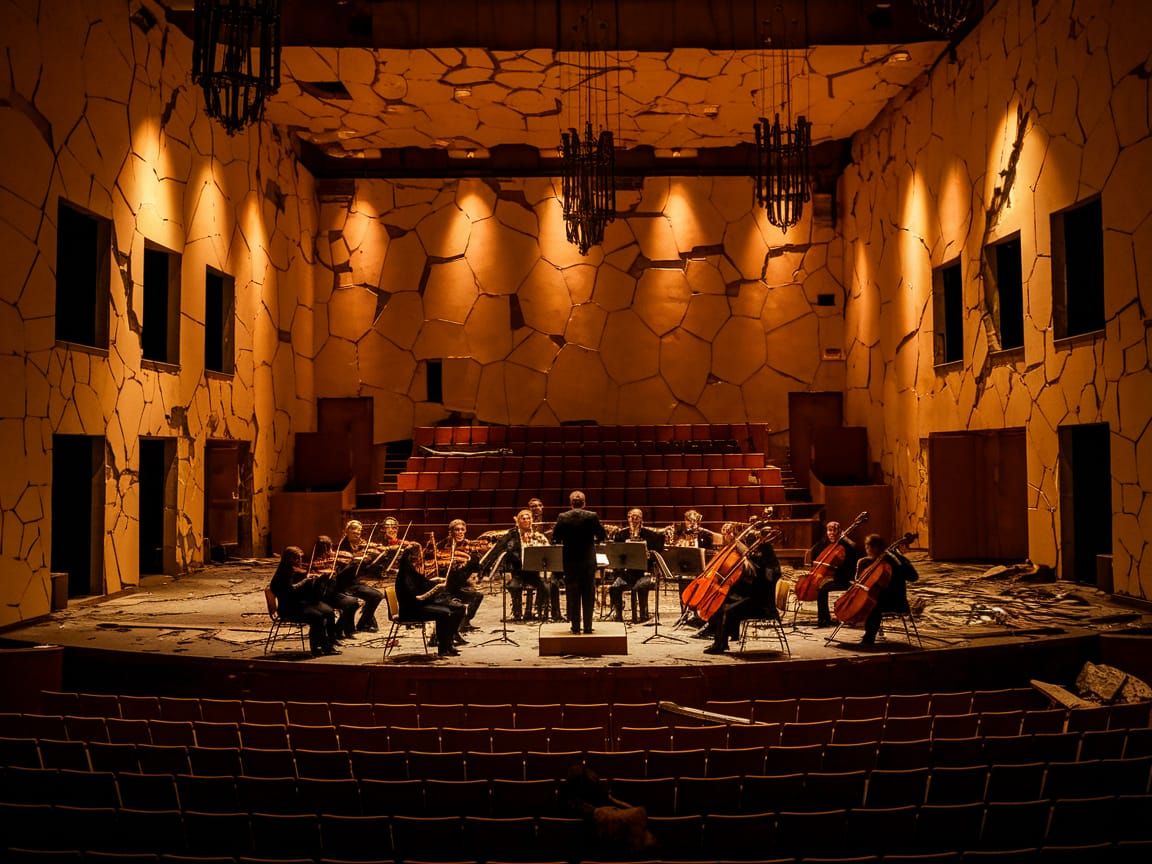 Orchestra's Haunting Performance in Destroyed Auditorium