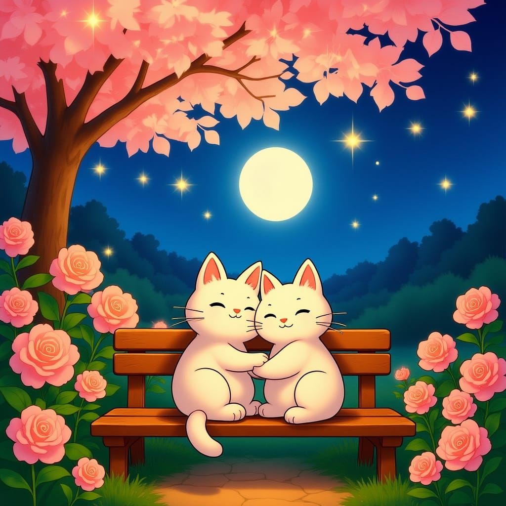 Cats in Love Under Cherry Blossoms: Lofi Anime Art