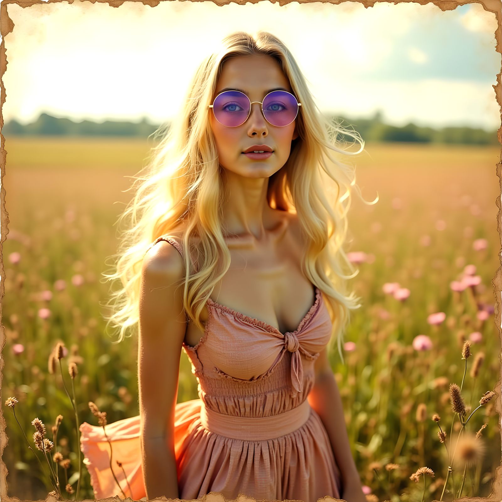 1970s Woman in Wildflower Field, Vintage Style