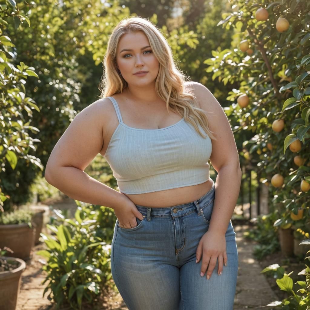 Curvy Woman in Blue Jeans in Sunlit Garden