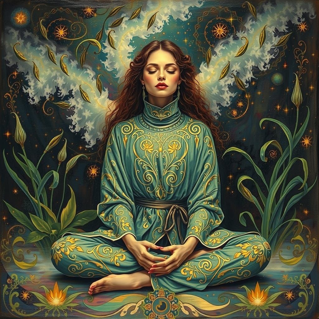 Dreamlike Woman in Golden Lotus Setting