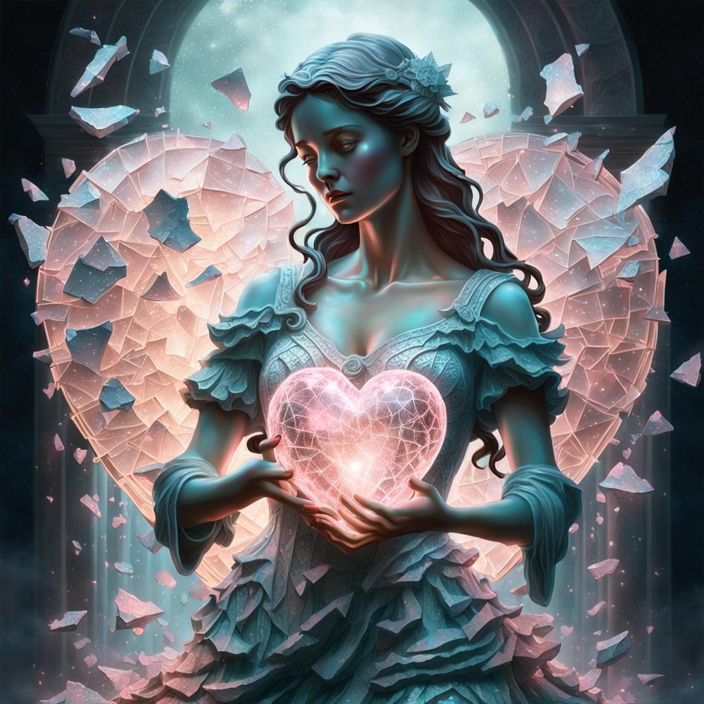 Glowing Shattered Statue of Woman with Heart
