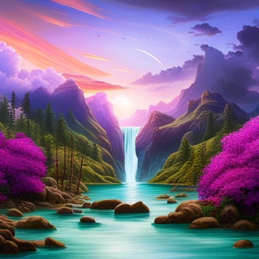 Fantasy Waterfall with Purple and Pink Sky