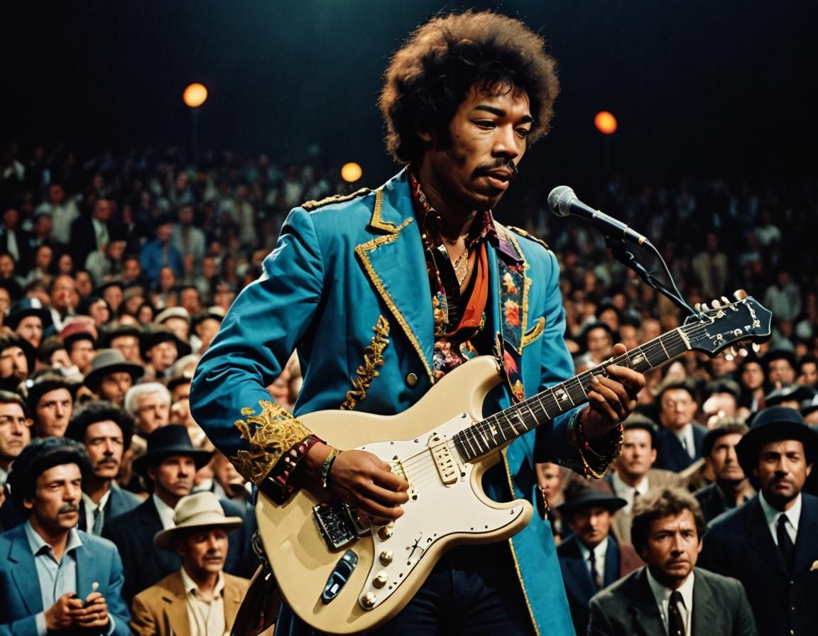 Jimi Hendrix Live: Cinematic Film Still in 1960s Style