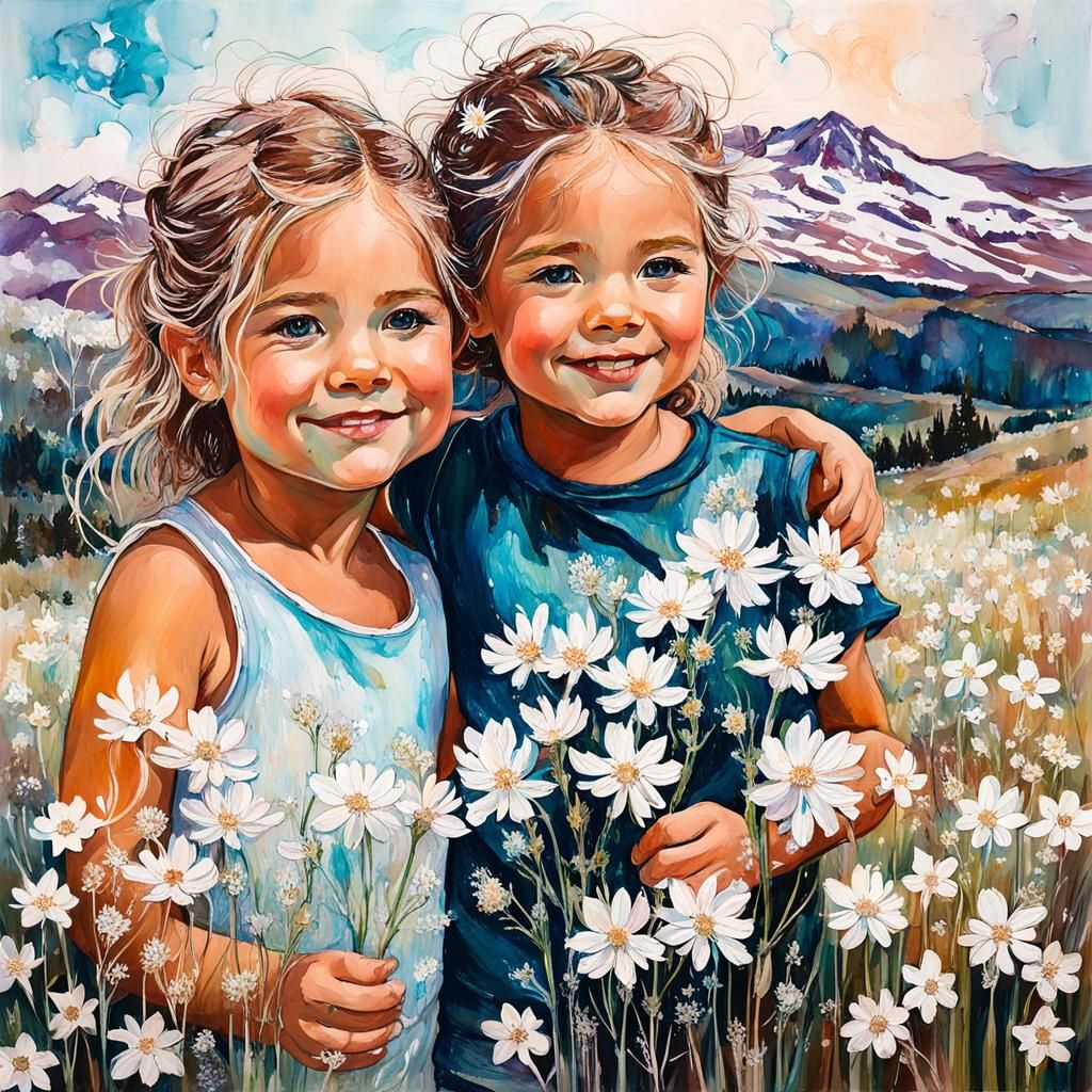 Toddler Siblings with Wildflowers in Alcohol Ink Style