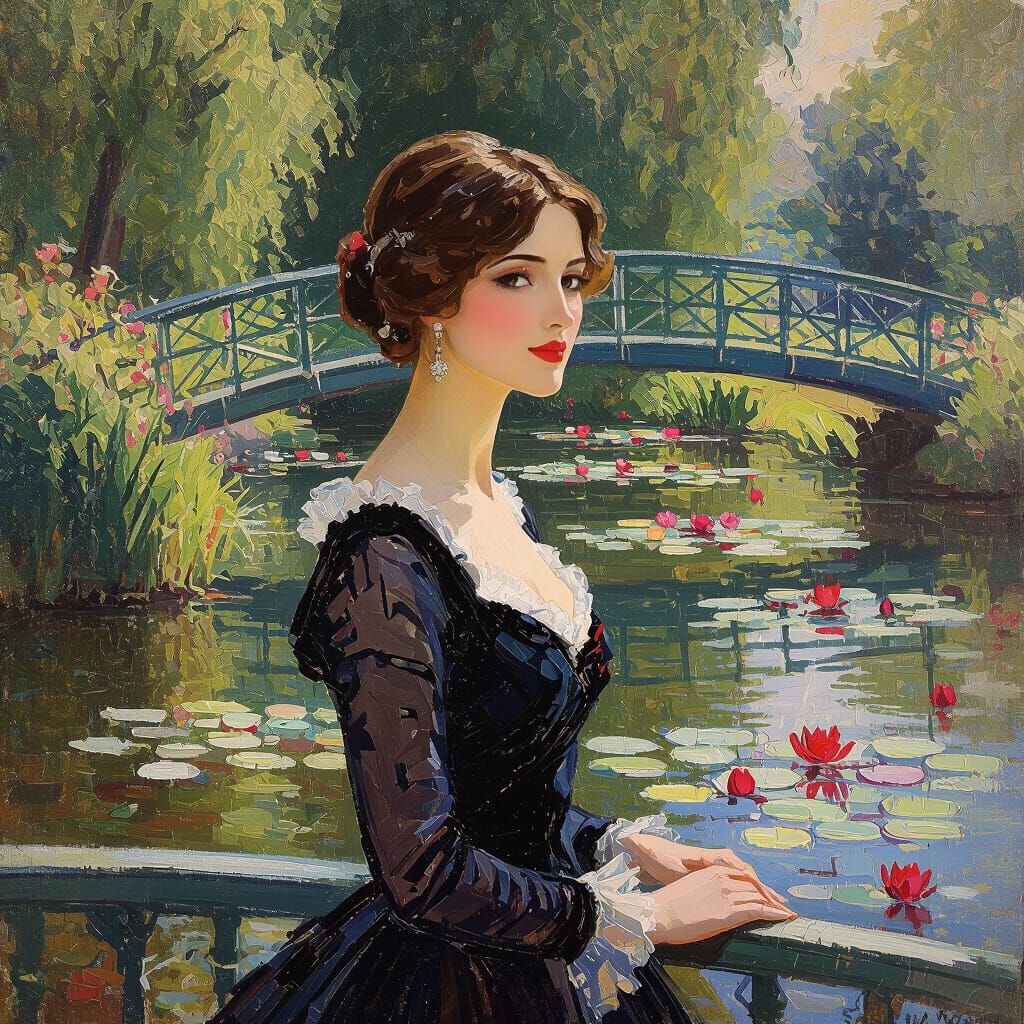 Elegant Lady on Monet's Bridge in Water Lily Garden Painting