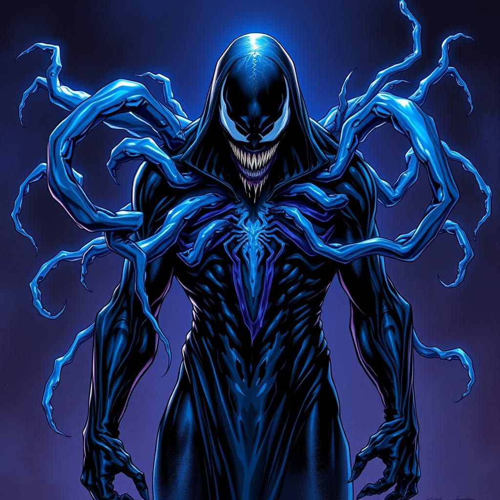 Electric Blue Symbiote in Ominous Biomechanical Style