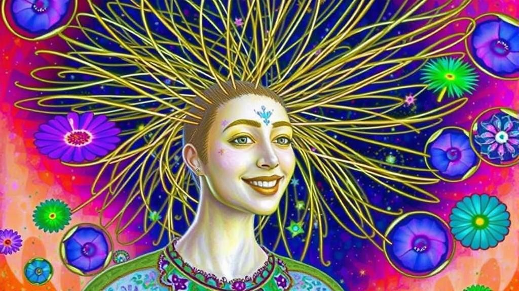 Smiling Stargazer on Floral Platform in Detailed Illustratio...