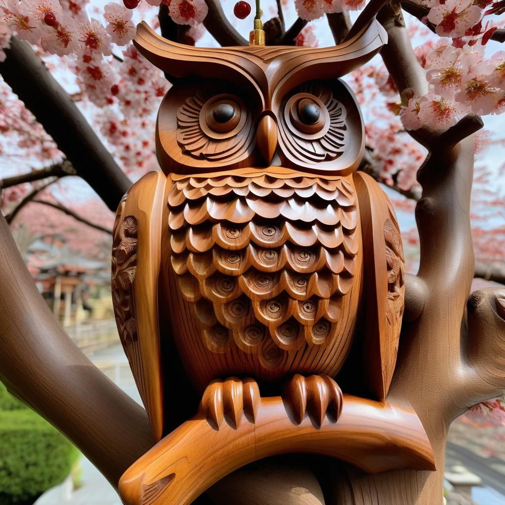 Ornate Wooden Owl Statue in Cherry Tree