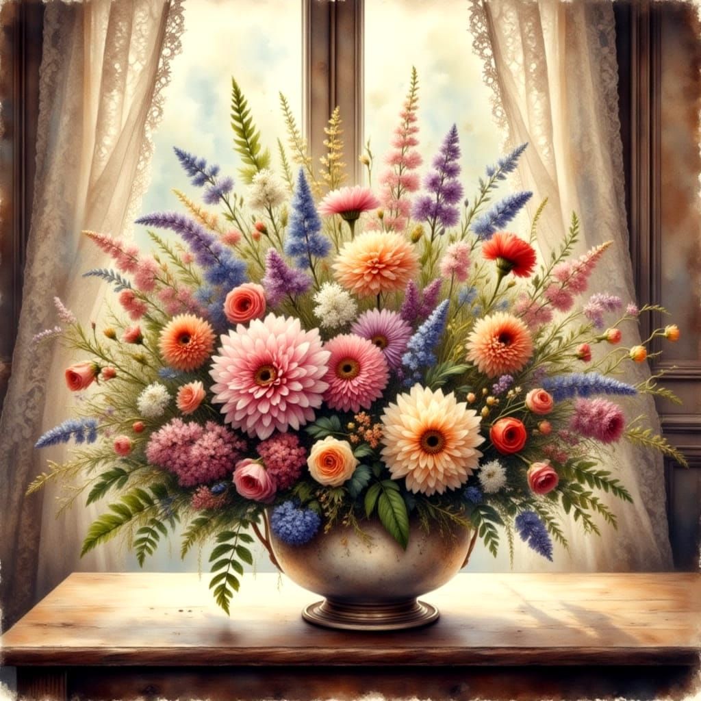Wildflower Bouquet in Antique Watercolor Style