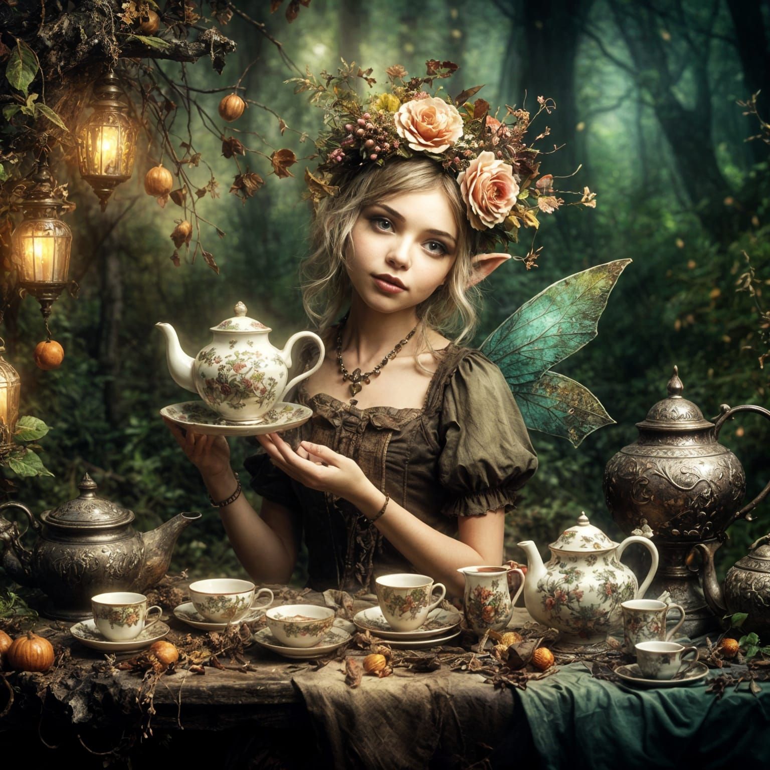 Cute Pixie Tea Time in Autumnal Forest