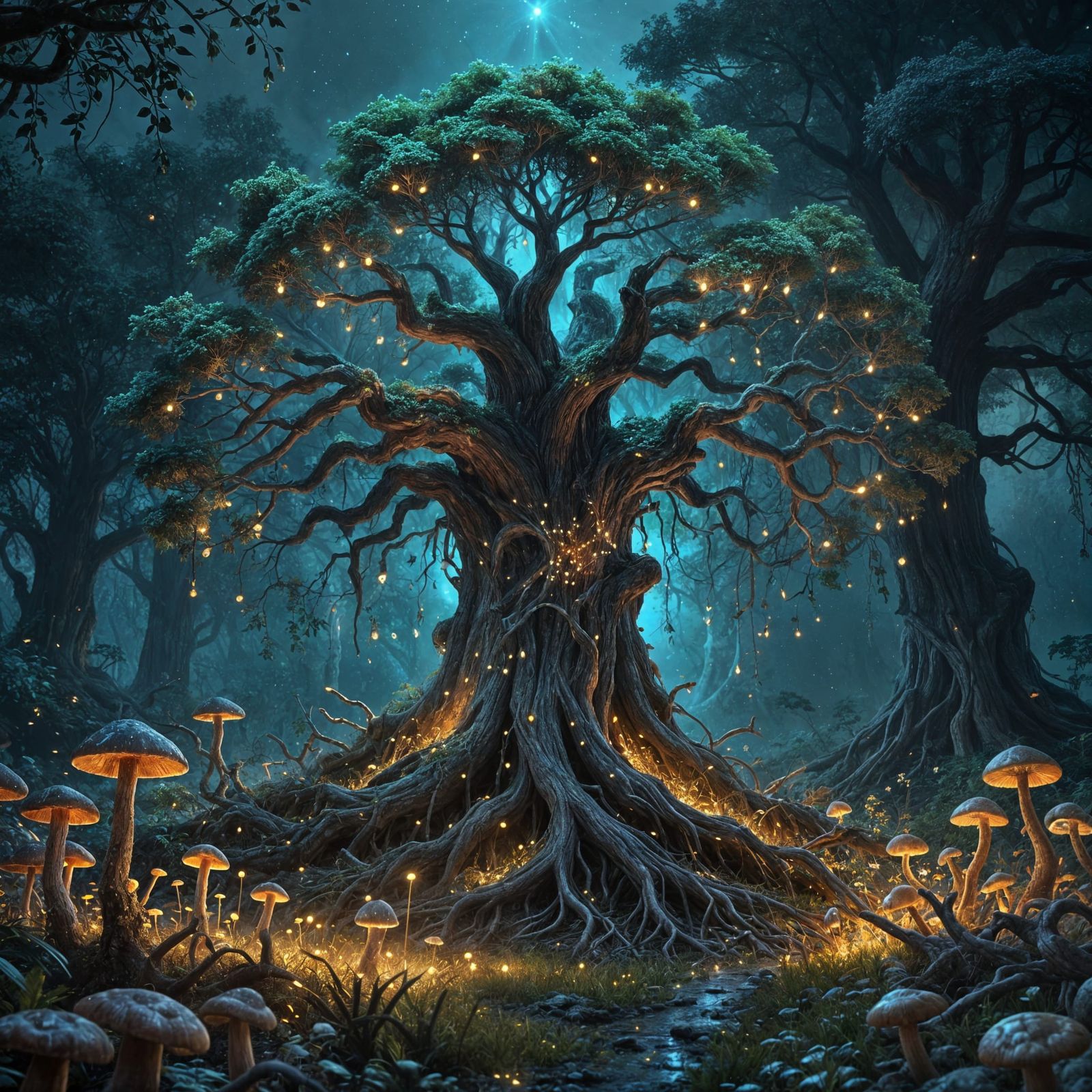 Luminous Tree of Life in Bioluminescent Field