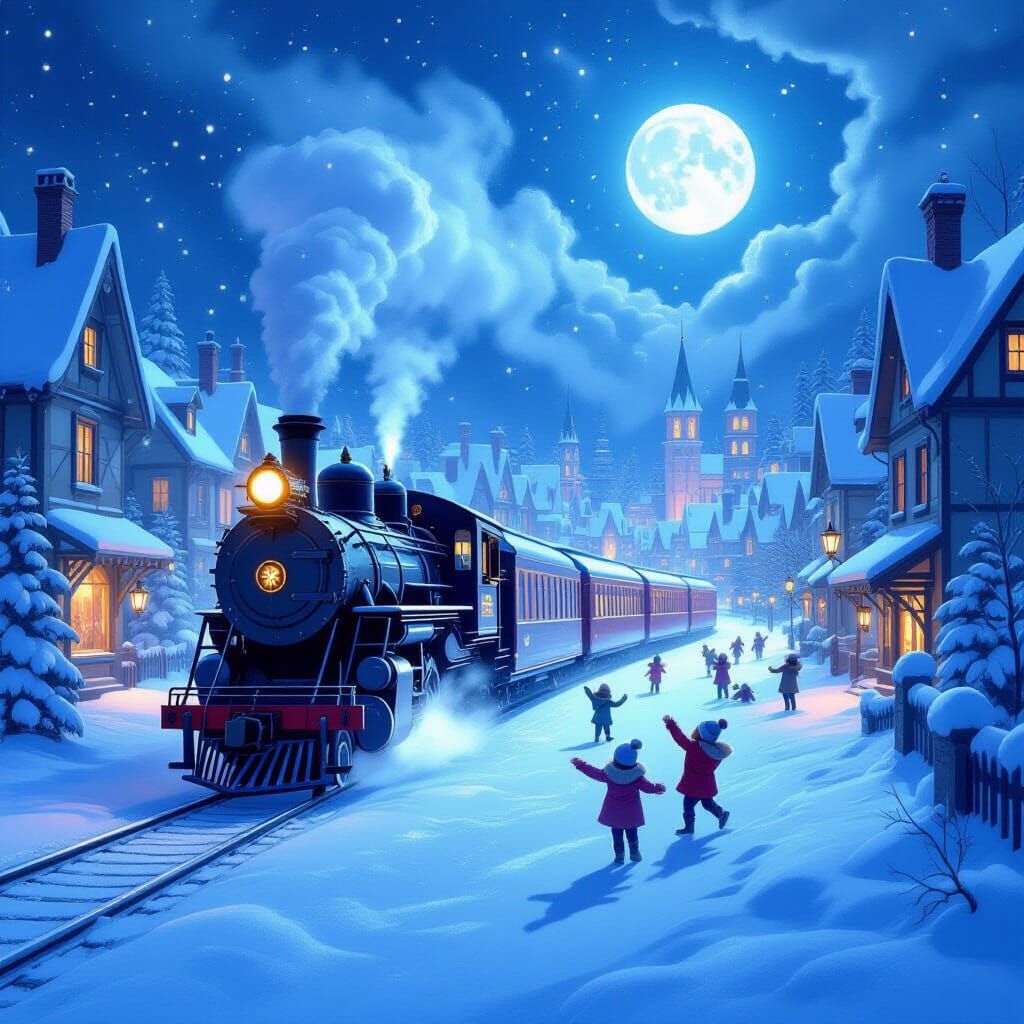 Magical Astral Train in Snowy Cityscape with Children Playin...